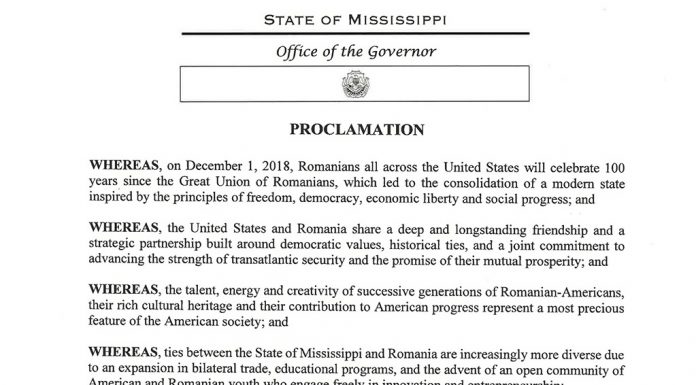 Guvernatorul statului american Mississippi a onorat Centenarul Marii Uniri prin emiterea unei proclamații de felicitare
