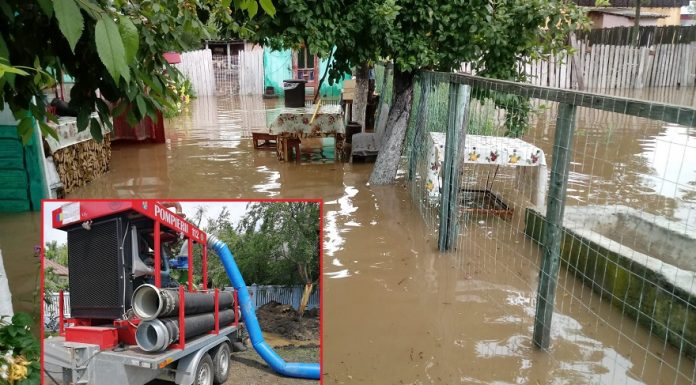 Pompierii militari acționează în orașul Scornicești, la Mogoșești, Mărgineni și Bălțați, pentru evacuarea apei din gospodării
