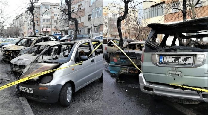 Craiova: Patru autoturisme afectate de un incendiu izbucnit în cartierul 1 Mai