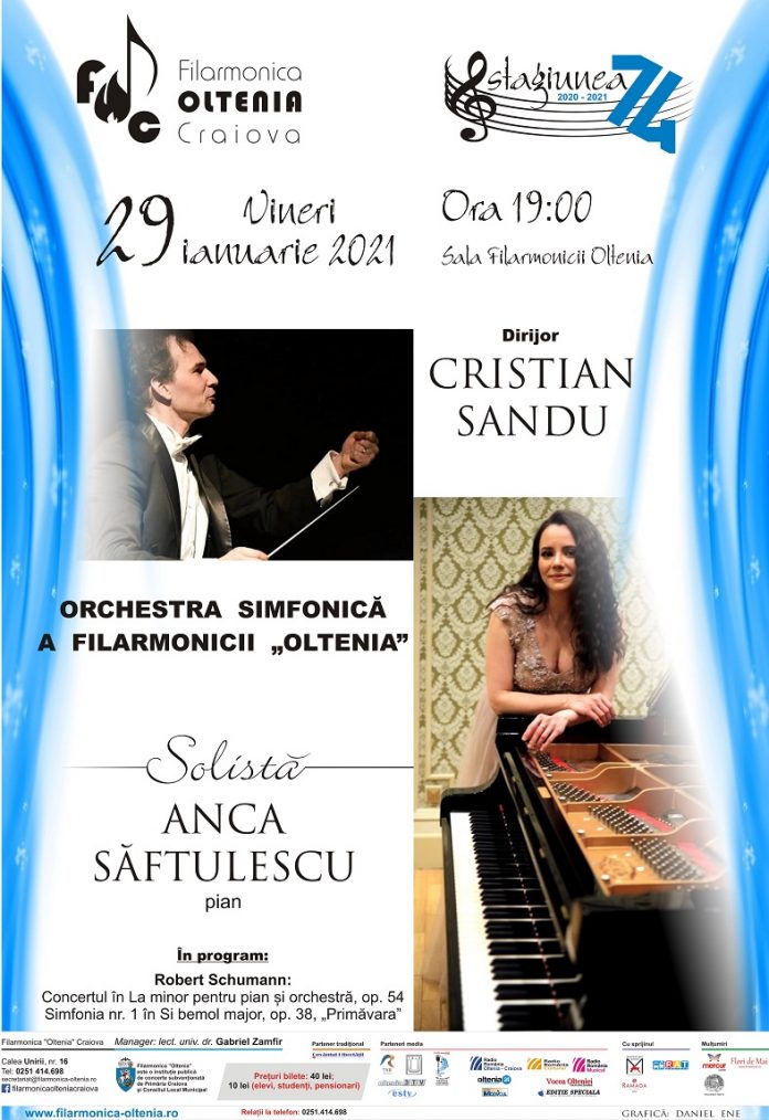 Concert Schumann la Filarmonica OLTENIA Craiova sub bagheta dirijorului Cristian Sandu, în interpretarea solistică a pianistei Anca Săftulescu