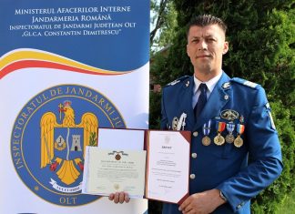 Înaltă distincție acordată de ministrul afacerilor interne unui subofițer din cadrul Jandarmeriei Olt