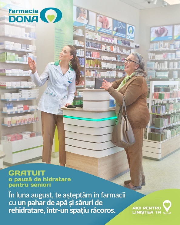Farmacia DONA continuă și în luna august inițiativa „Hidratare pentru pacienții seniori”