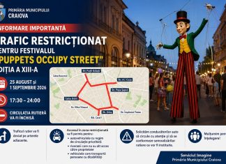 Trafic restricționat în centrul Craiovei pentru Festivalul „Puppets Occupy Street”. Străzi închise pe 25 august și 1 septembrie