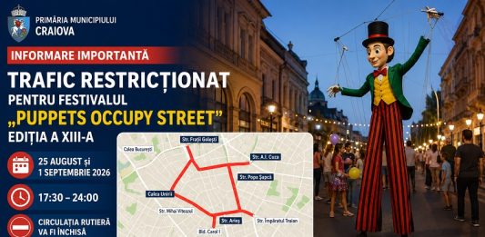 Trafic restricționat în centrul Craiovei pentru Festivalul „Puppets Occupy Street”. Străzi închise pe 25 august și 1 septembrie