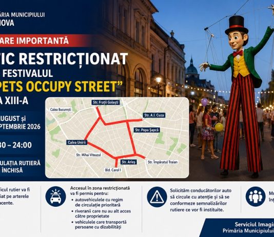 Trafic restricționat în centrul Craiovei pentru Festivalul „Puppets Occupy Street”. Străzi închise pe 25 august și 1 septembrie