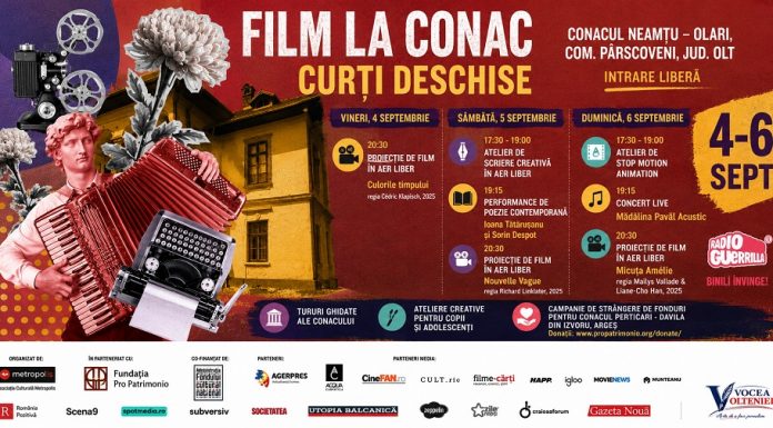 Cinema sub cerul liber, poezie și muzică live la Conacul Neamțu din Olt. Începe „Film la Conac – Curți Deschise”