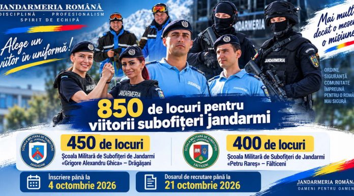 Jandarmeria Română recrutează viitori subofițeri. 850 de locuri disponibile, dintre care 450 la Drăgășani