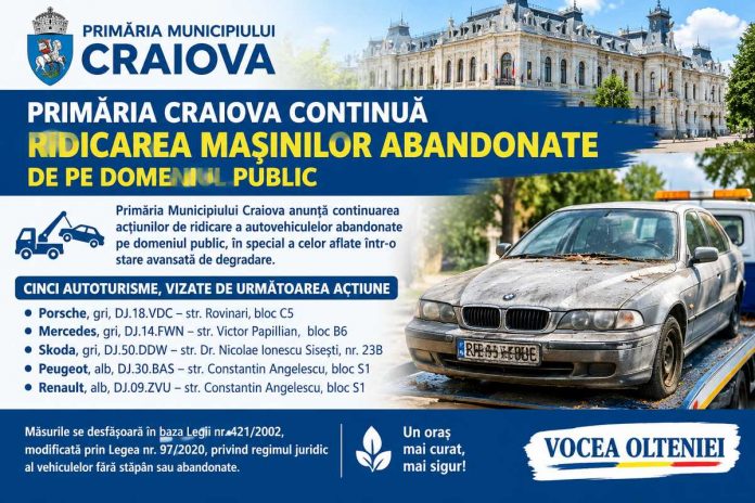 Primăria Craiova continuă ridicarea mașinilor abandonate de pe domeniul public